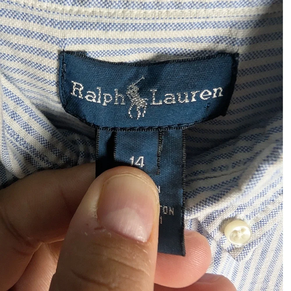 Ralph Lauren Boys Blue White Striped Oxford Button Down Shirt Size 14 Cotton